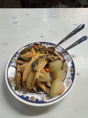 Basil mince, fak maeo (?), bamboo red curry  at Chalawan - Vegan Food Stall in Bangkok