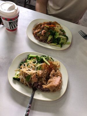 90 baht for these two plates! at Chalawan - Vegan Food Stall in Bangkok