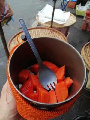 Cut fruit from the street outside Silom square food center. BYO container. at Chalawan - Vegan Food Stall in Bangkok