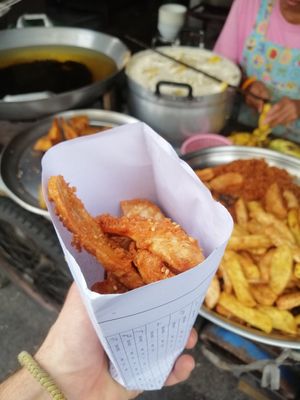 Fried bananas from Silom square carts at Chalawan - Vegan Food Stall in Bangkok