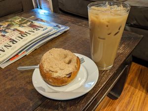 Cinnamon roll (and iced latte), vegan at Protagonist Cafe in St Louis