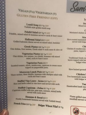 Vegan meals labelled VG  at Sam's Mediterranean in Takapuna