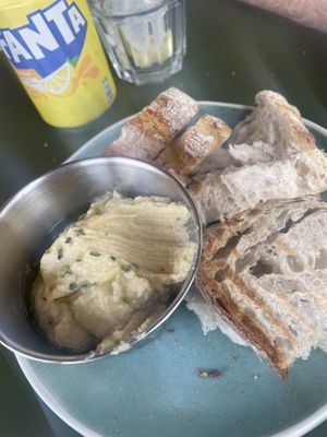 Bread and hummus   at Moos Ibiza in Ibiza
