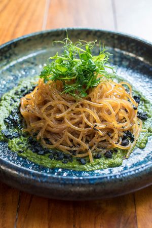 CACIO E PEPE 
Black pepper cream, parsley puree, black olives at Folia - Four Seasons Resort in Dubai