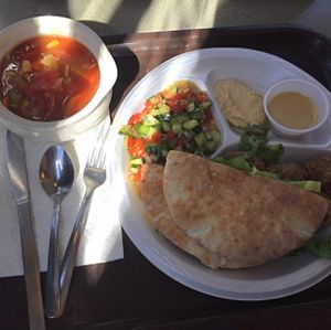 Pita, falafel, veggies, tahini, hummus, vegetable soup at Country Life in Columbus