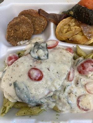 Creamy Tuscan Chick'n, Italian Roasted Veggies, Garlic Bread, and Sweet Potato Ginger soup  at Country Life in Columbus