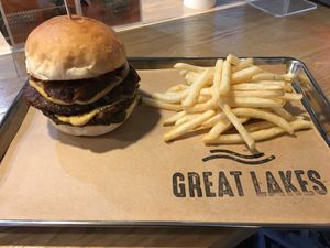 Double Michigan burger with fries at Great Lakes in Tokyo