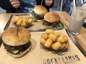 One of each burger + tater tots + black sesame milkshake  at Great Lakes in Tokyo