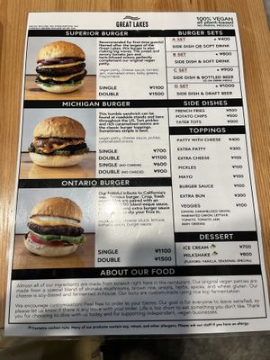 Menu  at Great Lakes in Tokyo