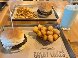Burgers and fries and tots and milkshake  at Great Lakes in Tokyo