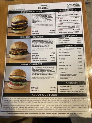 English menu  at Great Lakes in Tokyo