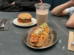 Burger, hot dog and chocolate shake  at Dirty Vegan in West London