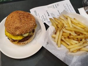 Chilli Cheese Burger with skinny fries at Dirty Vegan in West London