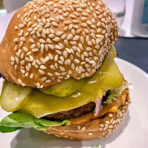 Classic burger with cheese and BLT option at Dirty Vegan in West London