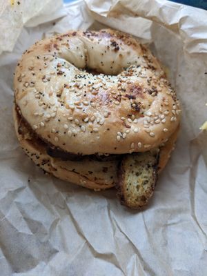 Breakfast sandwich on everything bagel w/ tofu at Paradigm Coffee & Music in Sheboygan