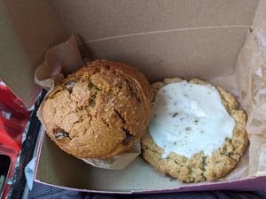 Pumpkin choccy chip muffin + lemon cardamom cookie at Paradigm Coffee & Music in Sheboygan