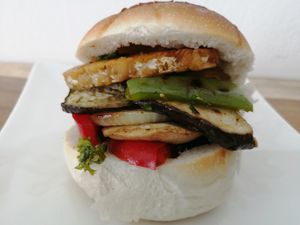 Tiger roll sandwich with grilled veg and tempeh at Horizon Cafe in Koh Samui