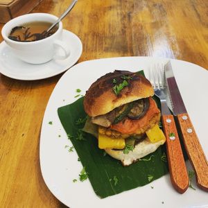 Vegan tempeh sandwich and organic black tee  at Horizon Cafe in Koh Samui