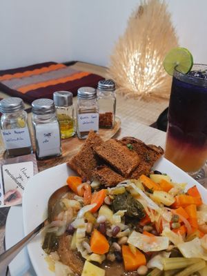 Veggie soup with local organic bread (sourdough)  at Horizon Cafe in Koh Samui