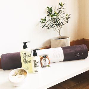 Some of our vegan products: Candle, Cosmetics, Cookies and Yoga mat  at Happynes't in Kyoto