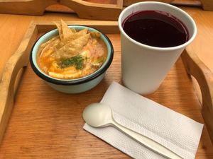 Sopa de Tortilla y Agua de Jamaica at Dalia Plant Power Mex in Bogota