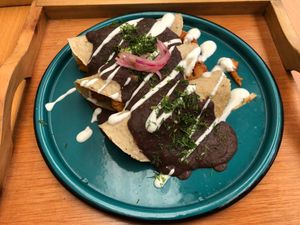 Enfrijolada at Dalia Plant Power Mex in Bogota