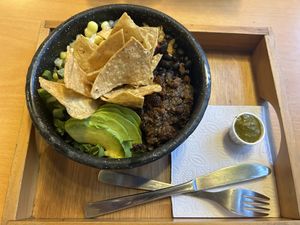 Taco bowl with chicharrón & green salsa #Veganuary at Dalia Plant Power Mex in Bogota