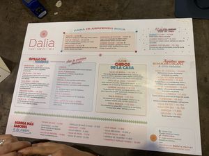 The menu  at Dalia Plant Power Mex in Bogota