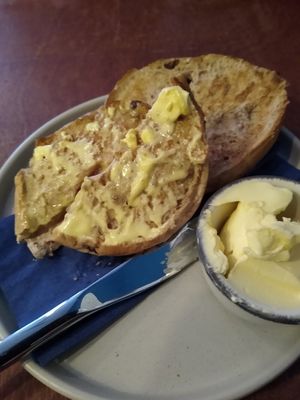 Cinnamon and raisin bagel yum at Mr Cooper's Coffee House in Whitby