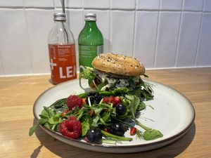 Just look at that bagel! And fruity salad was delicious .  at Mr Cooper's Coffee House in Whitby