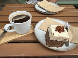 Maple and Pecan GF vegan cake with decaf Americano  at Mr Cooper's Coffee House in Whitby
