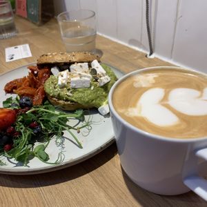 Decaf Coconut Milk Latte with No Avo Bagel  at Mr Cooper's Coffee House in Whitby