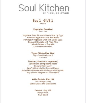 Menu at ENI - Soul Kitchen in Palawan