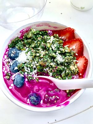 Tropical Pitaya Bowl with Spirulina Granola at Plnthouse in Miami Beach