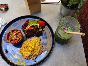 Awesome lunch menu with BBQ watermelon and seitan, green smoothie  at Palo Verde in Prague