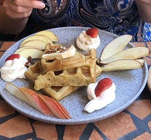 Waffles with maple syrup and pecans  at Palo Verde in Prague
