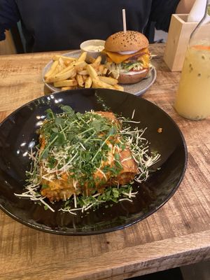 Lasagna and cheese burger  at Palo Verde in Prague