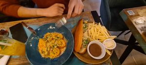 Basil tortellini and a "meat" sandwich with great dressing and fries at Palo Verde in Prague