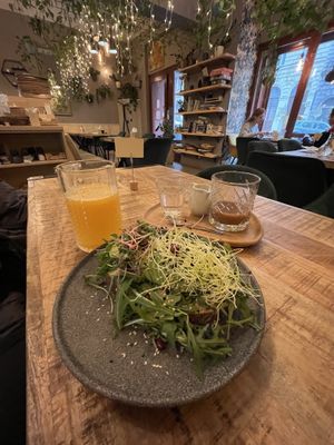 Avocado toast, fresh orange juice, drip coffee   at Palo Verde in Prague