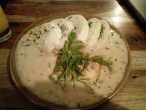 Dill sauce with dumplings and tofu (Czech classic) at Palo Verde in Prague
