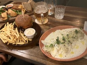 Double cheeseburger and mushroom ravioli   at Palo Verde in Prague