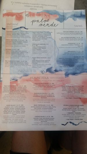 Menu as of August 2022 at Palo Verde in Prague