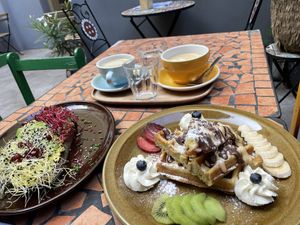 Chocolate waffles & avo toast  at Palo Verde in Prague