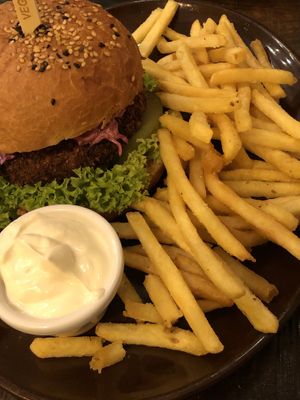 Panko-fried burger with chips   at Palo Verde in Prague