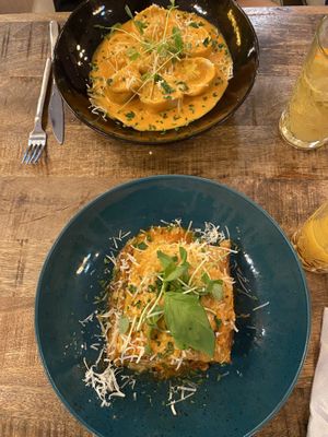Spinach tortellini and lasagne  at Palo Verde in Prague