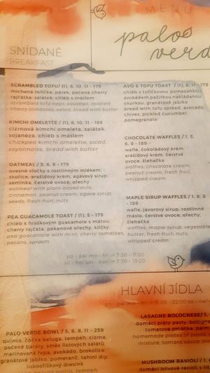 Breakfast/brunch menu at Palo Verde in Prague