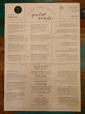 Menu – dishes at Palo Verde in Prague