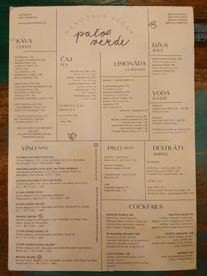 Menu – drinks at Palo Verde in Prague