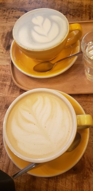Butterfly pea and caramel lattes at Palo Verde in Prague