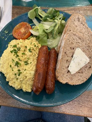 Scrambeld tofu with sausage  at Palo Verde in Prague
